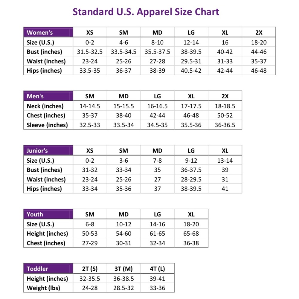 US Standard Size Measurements Chart